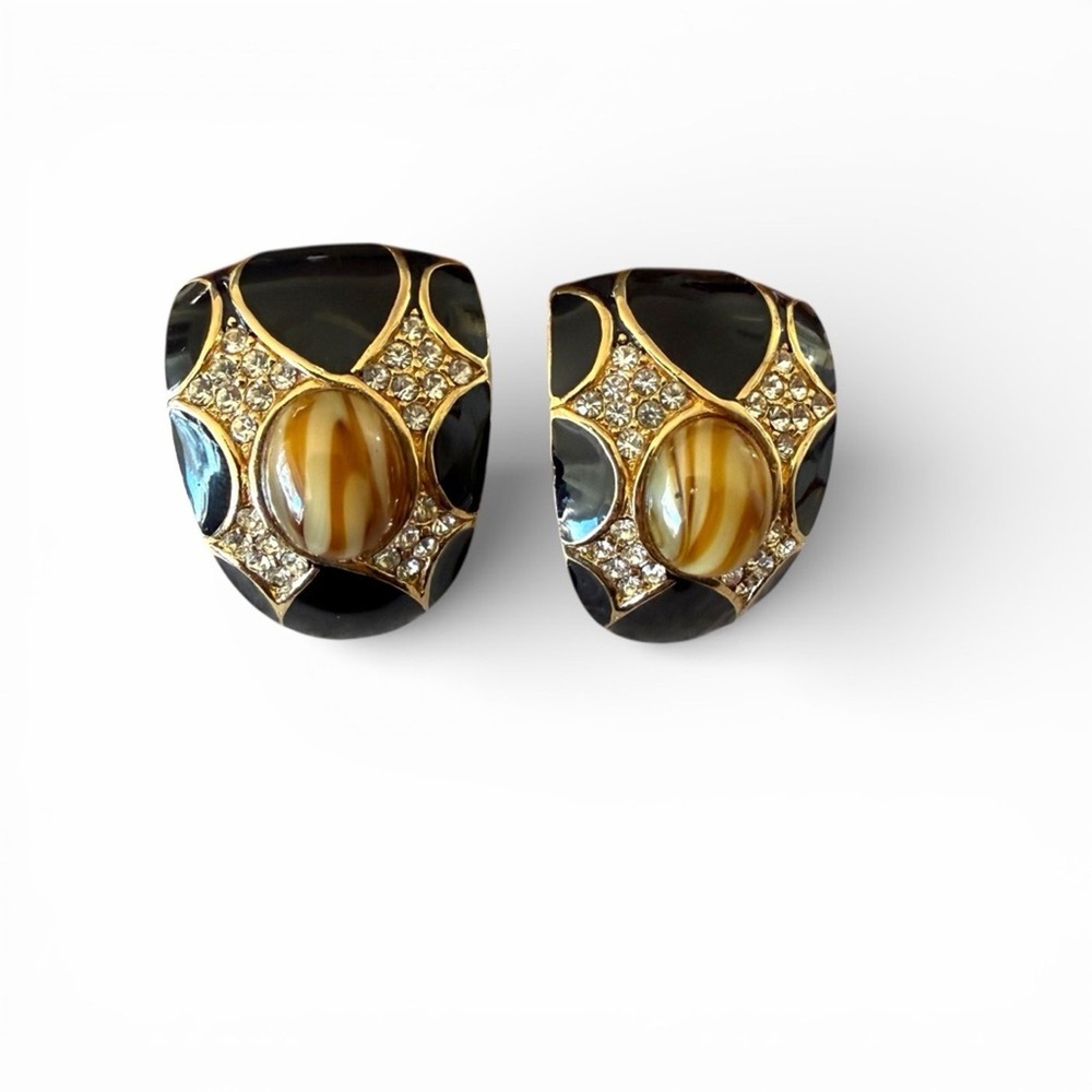Ciner Vintage Black Enamel Rhinestone Tiger Eye Glass Clip On Earrings Gold Tone